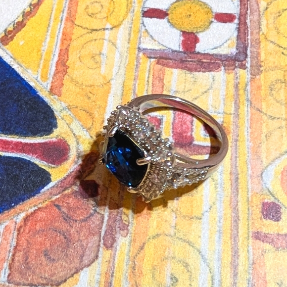 Blue Sapphire and CZ Sterling Silver Ring - Picture 7 of 8